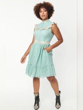 NWT Unique Vintage Mint Green Eyelet Ruffle Collar Dress